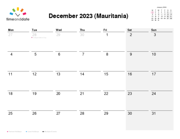 Calendar for 2023 in Mauritania