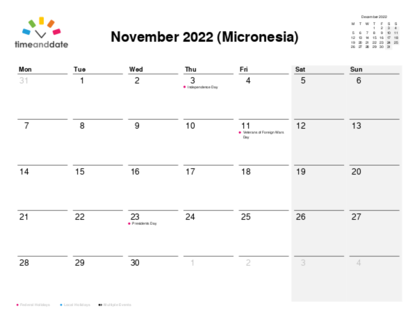 Calendar for 2022 in Micronesia