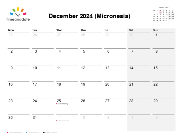 Calendar for 2024 in Micronesia