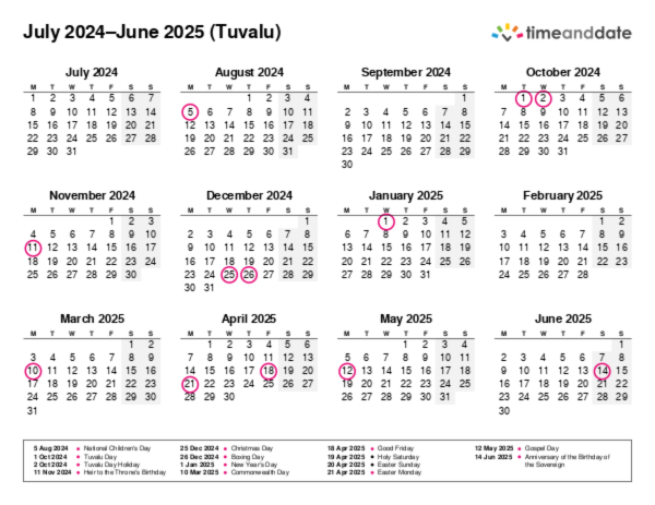 Calendar for 2024 in Tuvalu