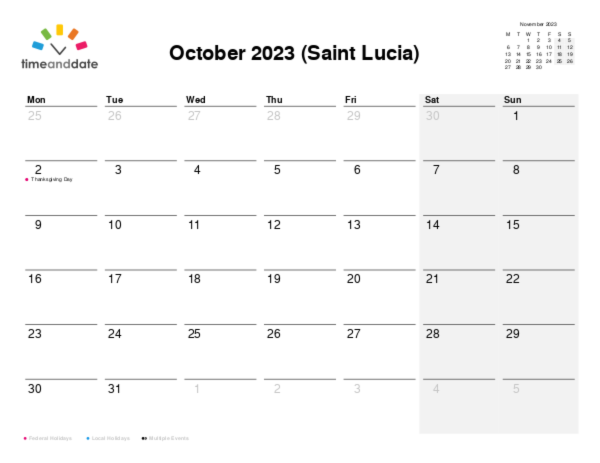 Calendar for 2023 in Saint Lucia