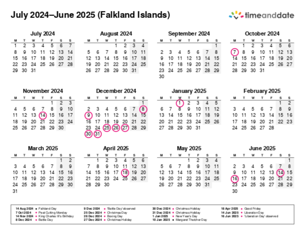 Calendar for 2024 in Falkland Islands