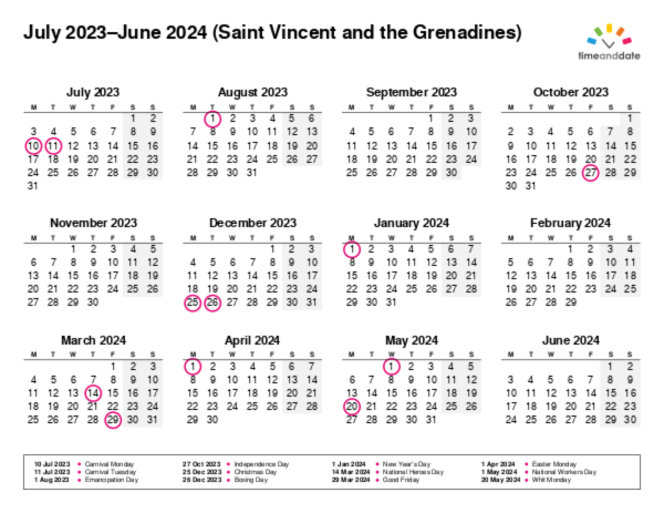 Calendar for 2023 in Saint Vincent and the Grenadines