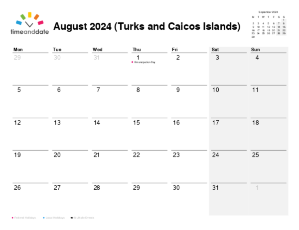 Calendar for 2024 in Turks and Caicos Islands