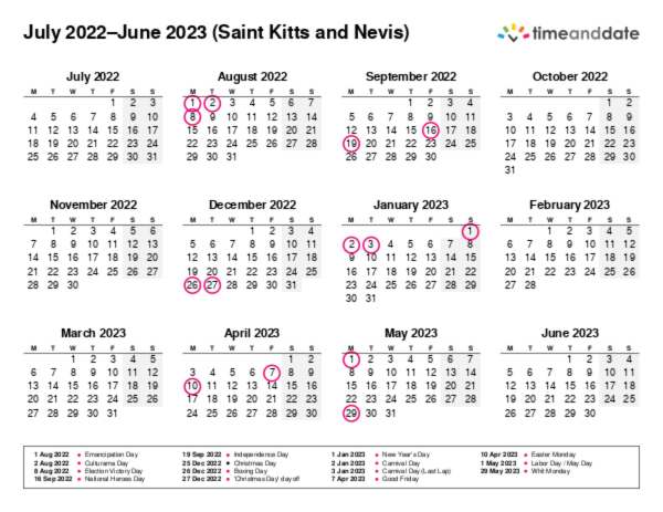 Calendar for 2022 in Saint Kitts and Nevis