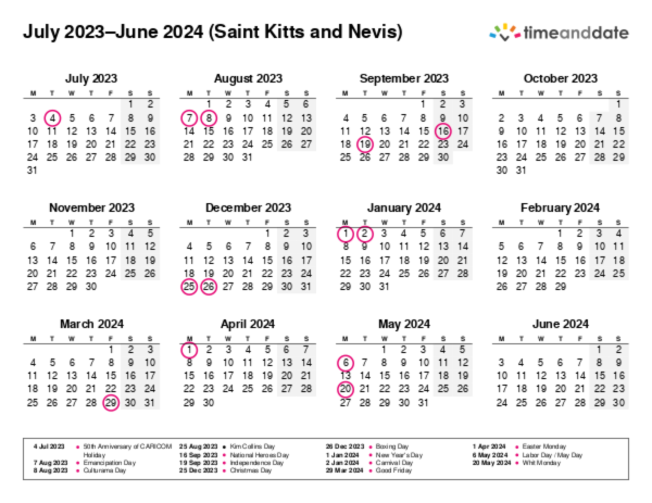 Calendar for 2023 in Saint Kitts and Nevis