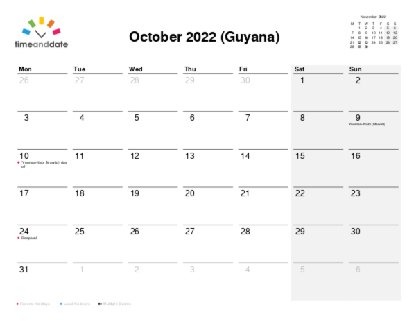Calendar for 2022 in Guyana