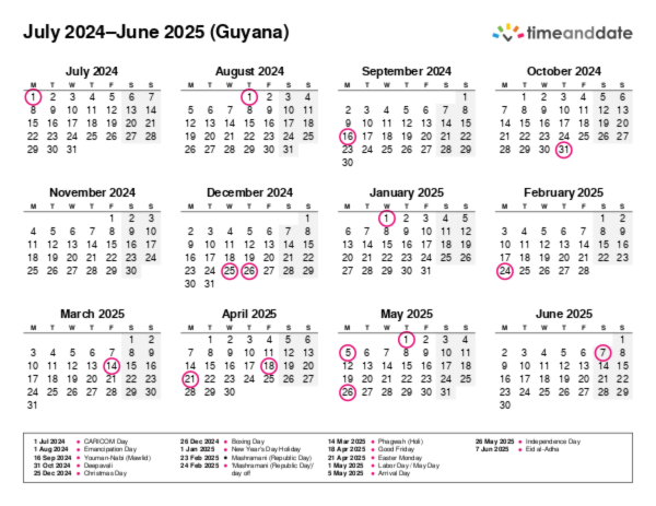 Calendar for 2024 in Guyana