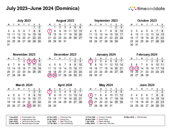 Calendar for 2023 in Dominica