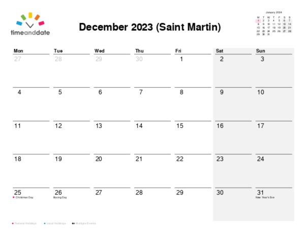 Calendar for 2023 in Saint Martin