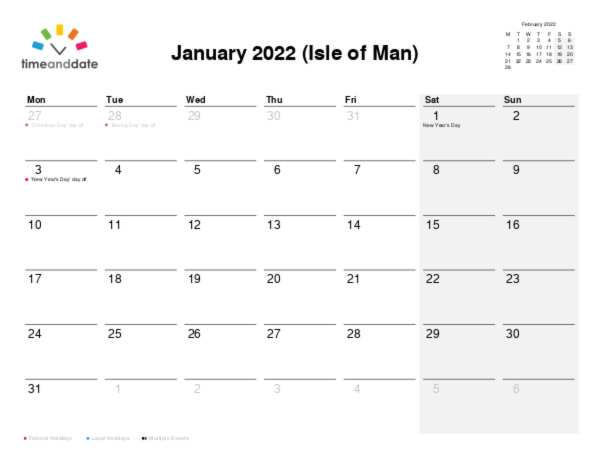 Calendar for 2022 in Isle of Man