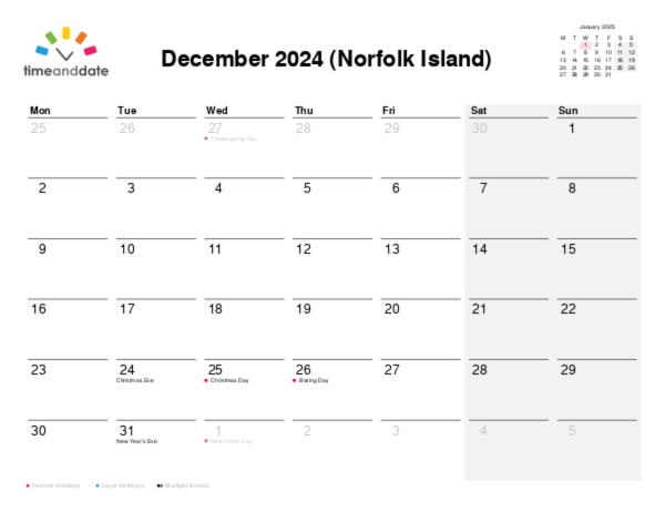 Calendar for 2024 in Norfolk Island