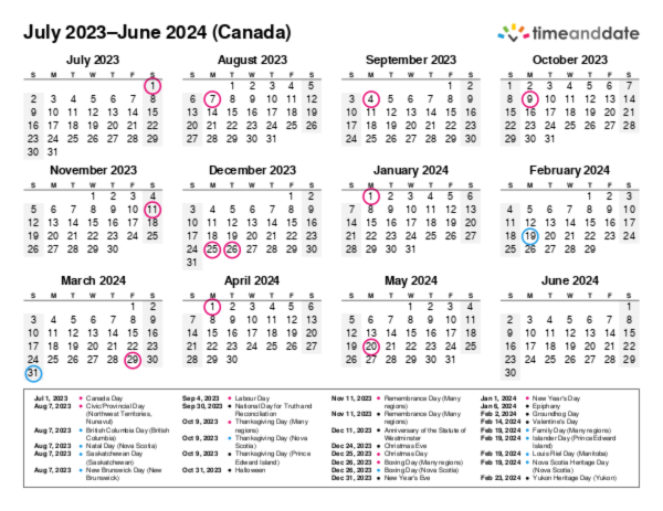 Calendar for 2023 in Canada