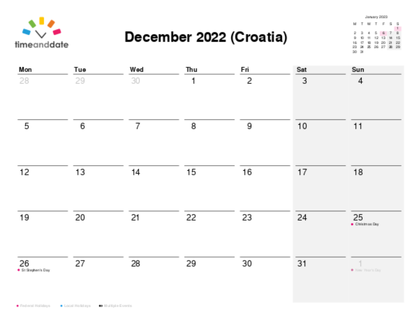 Calendar for 2022 in Croatia