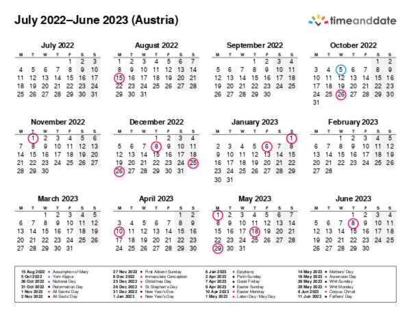 Calendar for 2022 in Austria