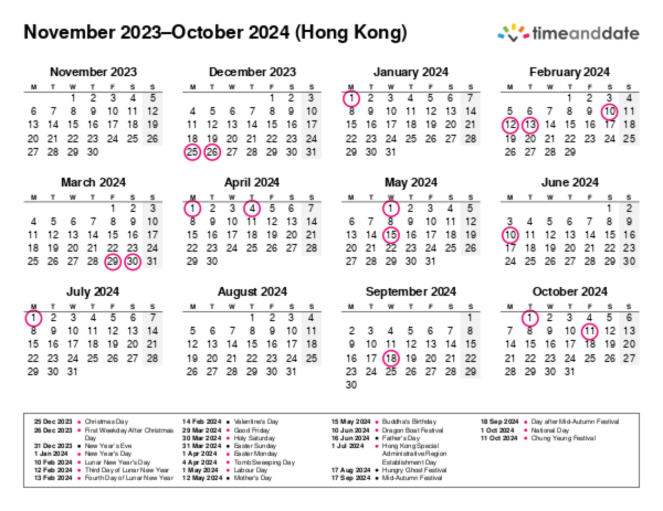 Calendar for 2023 in Hong Kong