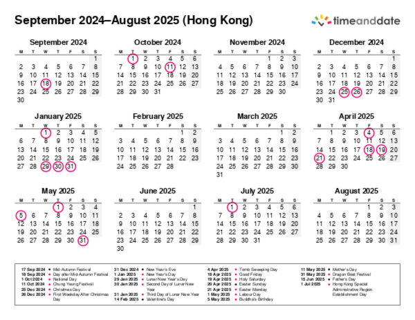 Calendar for 2024 in Hong Kong