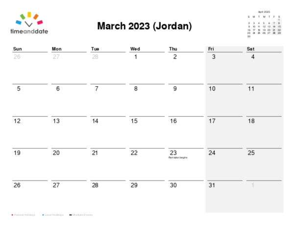 Calendar for 2023 in Jordan