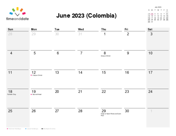 Calendar for 2023 in Colombia