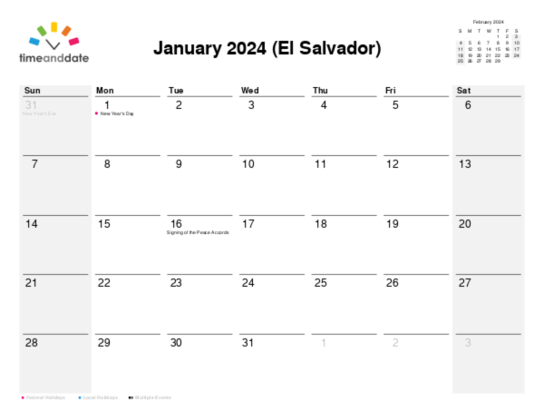 Calendar for 2024 in El Salvador