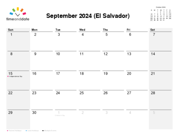 Calendar for 2024 in El Salvador