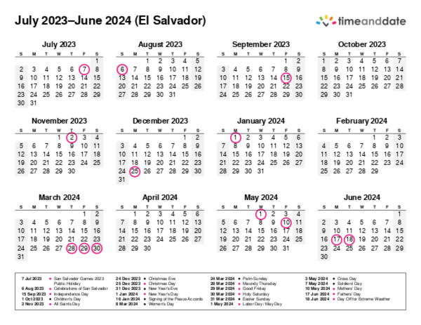 Calendar for 2023 in El Salvador