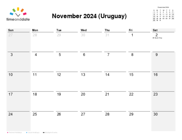 Calendar for 2024 in Uruguay