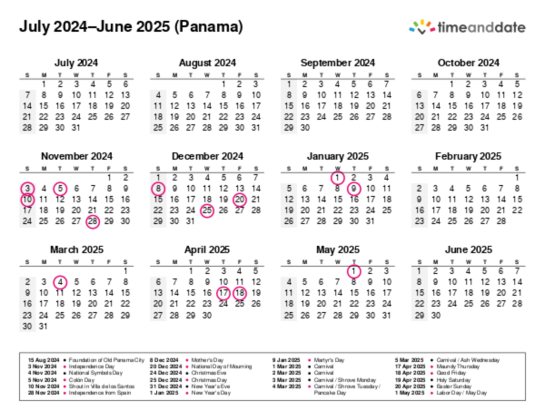 Calendar for 2024 in Panama