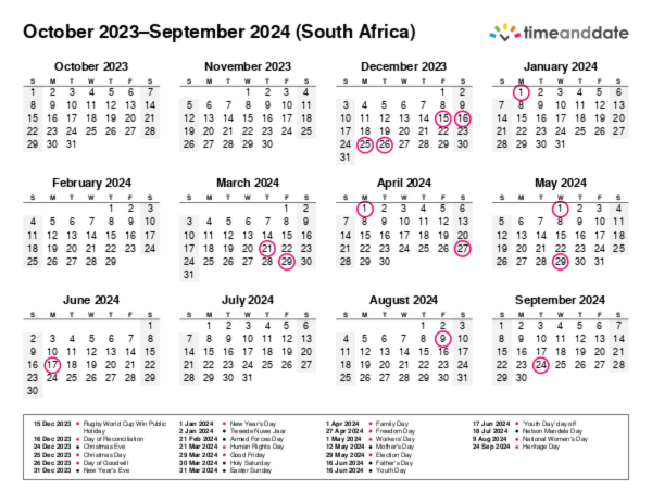 Calendar for 2023 in South Africa