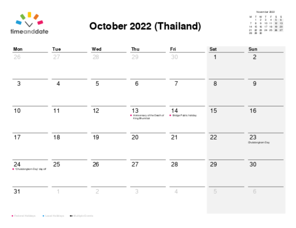 Calendar for 2022 in Thailand