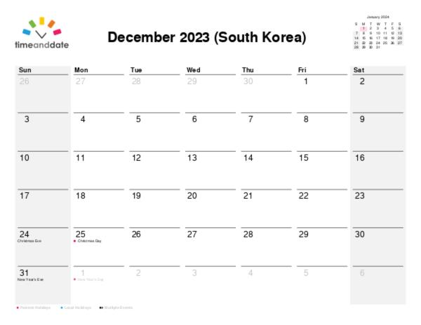 Calendar for 2023 in South Korea