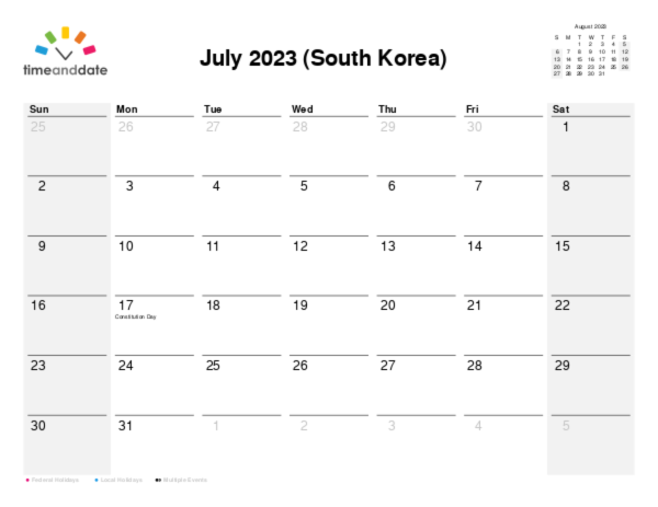 Calendar for 2023 in South Korea