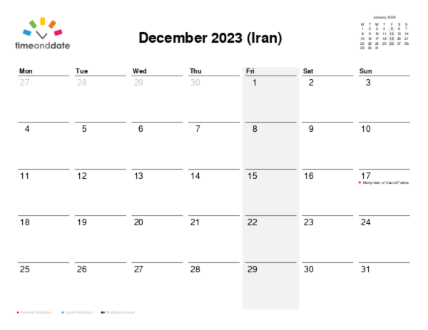 Calendar for 2023 in Iran