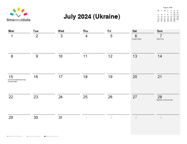 Calendar for 2024 in Ukraine