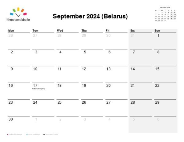 Calendar for 2024 in Belarus