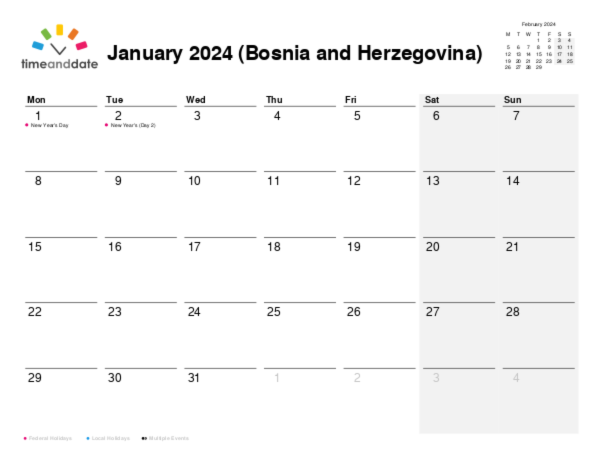 Calendar for 2024 in Bosnia and Herzegovina