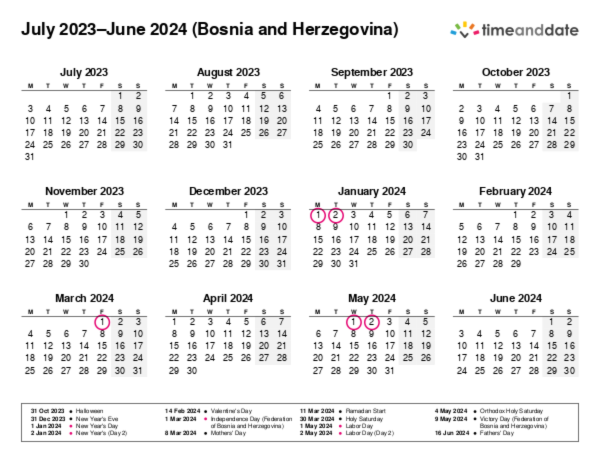 Calendar for 2023 in Bosnia and Herzegovina