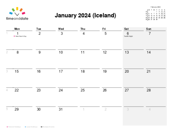 Calendar for 2024 in Iceland
