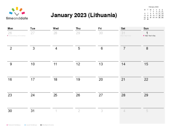 Calendar for 2023 in Lithuania