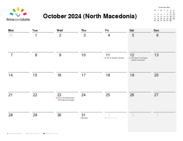 Calendar for 2024 in North Macedonia