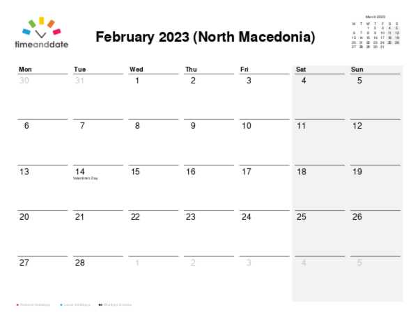 Calendar for 2023 in North Macedonia