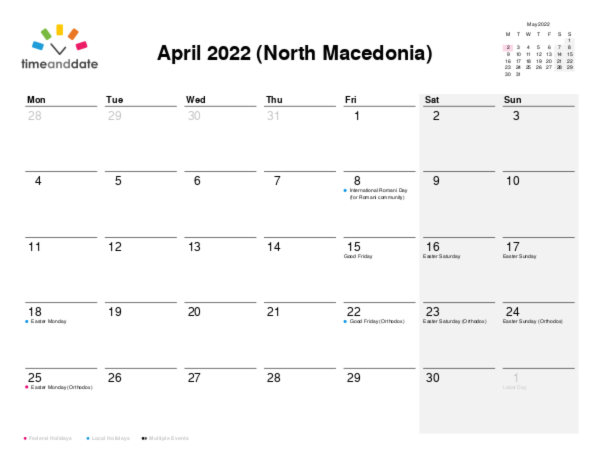 Calendar for 2022 in North Macedonia