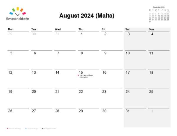 Calendar for 2024 in Malta