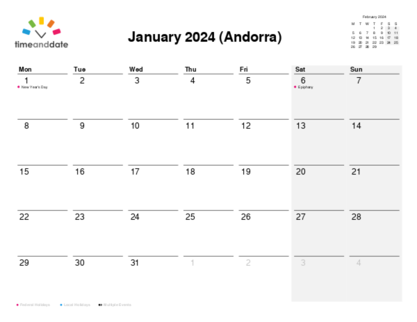 Calendar for 2024 in Andorra