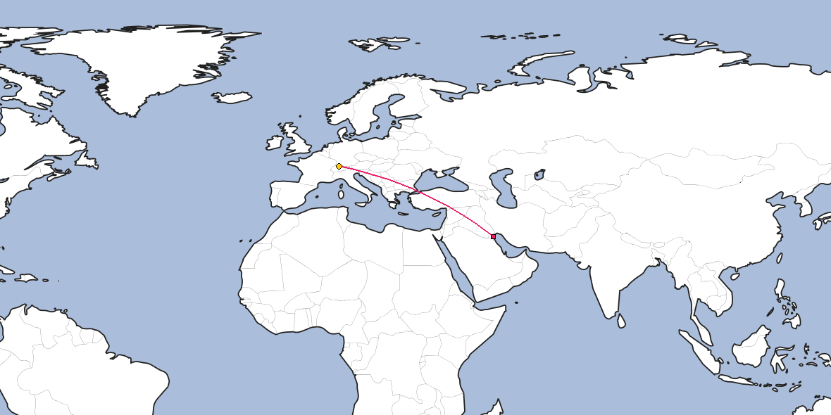 Map – Shortest path between Kuwait City and Zürich