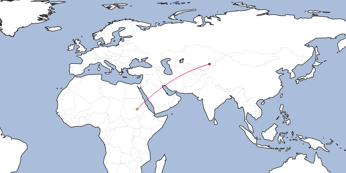 Map – Shortest path between Almaty and Khartoum