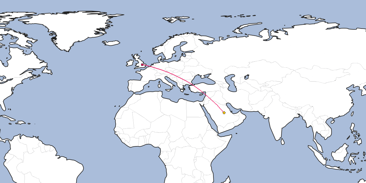 Map – Shortest path between Kettering and Riyadh