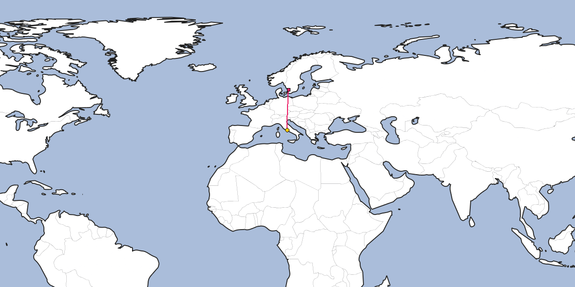 Map – Shortest path between Oskarström and Rome