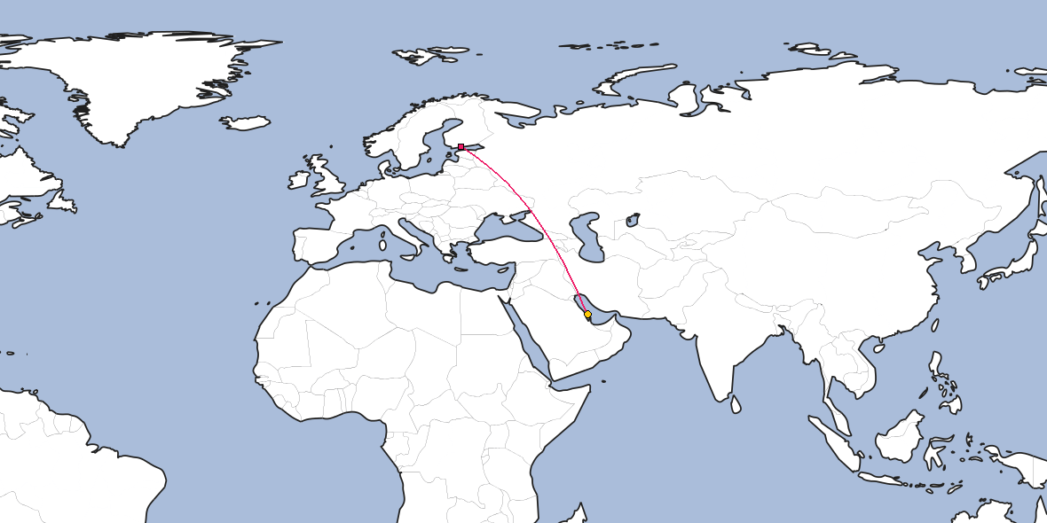 Map – Shortest path between Helsinki and Manama